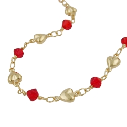 necklace 5mm fantasy chain hearts and red glass beads gold-plated amd 42cm - 230035-42