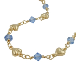 bracelet 5mm fantasy chain with hearts and blue glass beads gold-plated amd 19cm - 230036-19