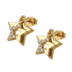 stud earrings, two stars with zirconia, 3 micron gold plating - 30262