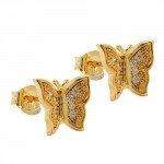 stud earrings, butterfly with zirconia, 3 micron gold plating