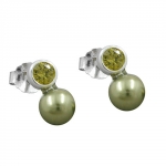 earrings, bead and cz olive, silver 925