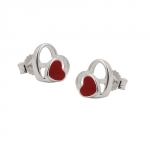 earrings, studs, red heart, silver 925 