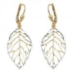 leverback earrings dangle 45x16mm leafs openwork bicolour 9k GOLD
