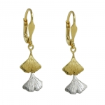 leverback earrings dangles 34x9mm ginkgo leaf bicolor 9kt gold