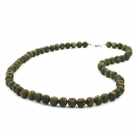 necklace, baroque beads, 10mm, olive-green marbled
