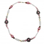 necklace, beads, pink-white-silver tone, 60cm