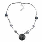 necklace, disc, grey/silky & glossy beads