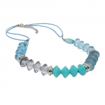 necklace, faceted beads turquoise & silver colored
