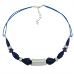 necklace, grooved tube bead, silver coloured & blue beads