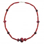 necklace, red marbled, red, metallic beads