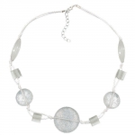 necklace, white transparent beads, knotted white cord 