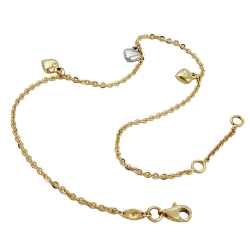anklet 1.7mm anchor chain with 3 hearts bicolor variable length 9kt gold 25cm