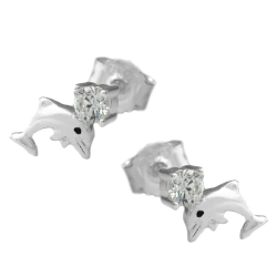 ear studs, dolphins with zirconia, silver 925