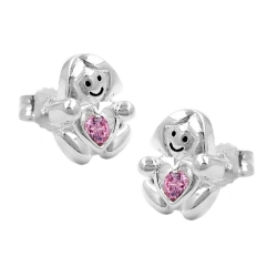 ear studs, girl with a little pink heart, silver 925