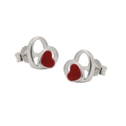 earrings, studs, red heart, silver 925 