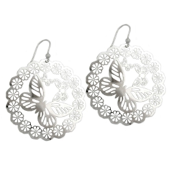 Hook Earrings, Butterfly & Flowers, Silver 925