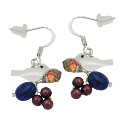 hook earrings stone beads white bird multi colour