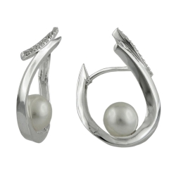 hoop earring, CZ and pearl, silver 925