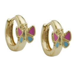 hoop earrings 12x7mm hinged butterfly pink blue lacquered 9k gold
