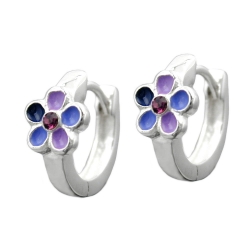 hoop earrings, purple lacquered flower, silver 925