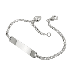 ID Bracelet for children 2mm marine link chain engraving plate 25x4mm and heart rhodium plated silver 925 14cm