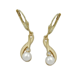 leverback dangle earrings 30x6mm freshwater cultured pearl cubic zirconia 9k gold
