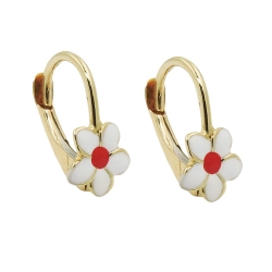 leverback earrings 13x7mm flower white-red enameled 9k GOLD
