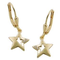 leverback earrings 25x10mm star partially frosted with zirconias 9k gold