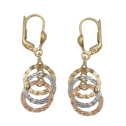 leverback earrings 34x10mm with 3 hanging circles tricolor diamond cut 9k gold