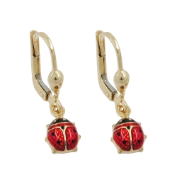 leverback earrings dangle 24x6mm ladybird enameled 9k gold