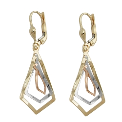 leverback earrings dangle 40x16mm 3 rhombuses tri-tone 9k gold