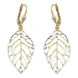leverback earrings dangle 45x16mm leafs openwork bicolour 9k GOLD