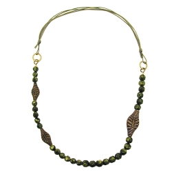 necklace, 3 leaf beads, olive colour, pressed bead