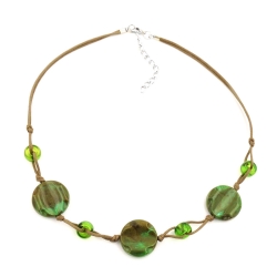 necklace, beads on cord, green-olive 