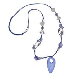 necklace, blue and crome-finished beads