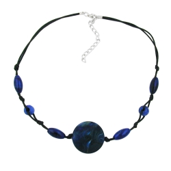 necklace, blue marbled, different shaped beads