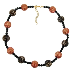 necklace, designer beads, red/black/gold-coloured