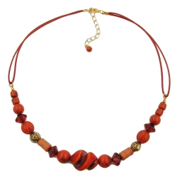 necklace, different beads, red/ rust/ orange