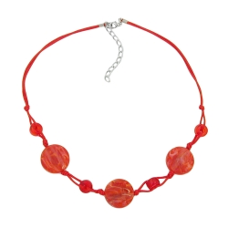 necklace, disk shaped red marbled beads, red cord
