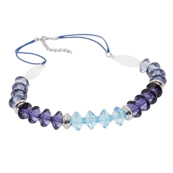 necklace, faceted beads blue, silver coloured beads