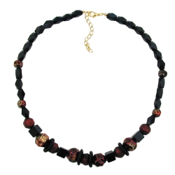 necklace, faceted black beads, red lacquered