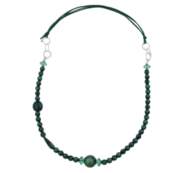 necklace, green/ turquoise/ silky, chrome rings