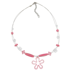 necklace pink beads and flower pendant on coated flexible wire