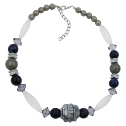 necklace, silver-grey/ black/ transparent beads