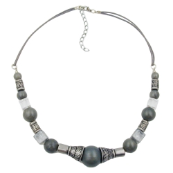 necklace, silvergrey silky, antique silver beads