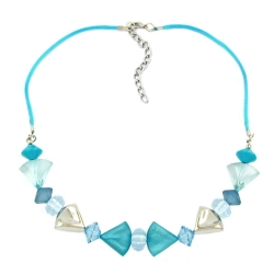 necklace, turquoise-blue/silver colored, various beads