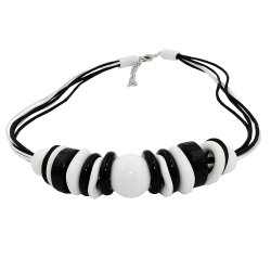 necklace, various beads and rings black-white, black and white cord
