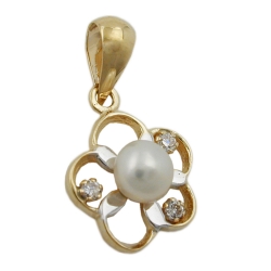 pendant 10mm flower bicolor cultured pearl cubic zirconias 9k gold