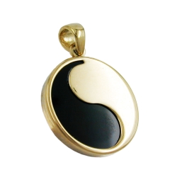 pendant, 15mm, yin-yang, onyx, 9k gold