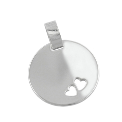 pendant 18mm engraving plate round with 2 hearts shiny silver 925
